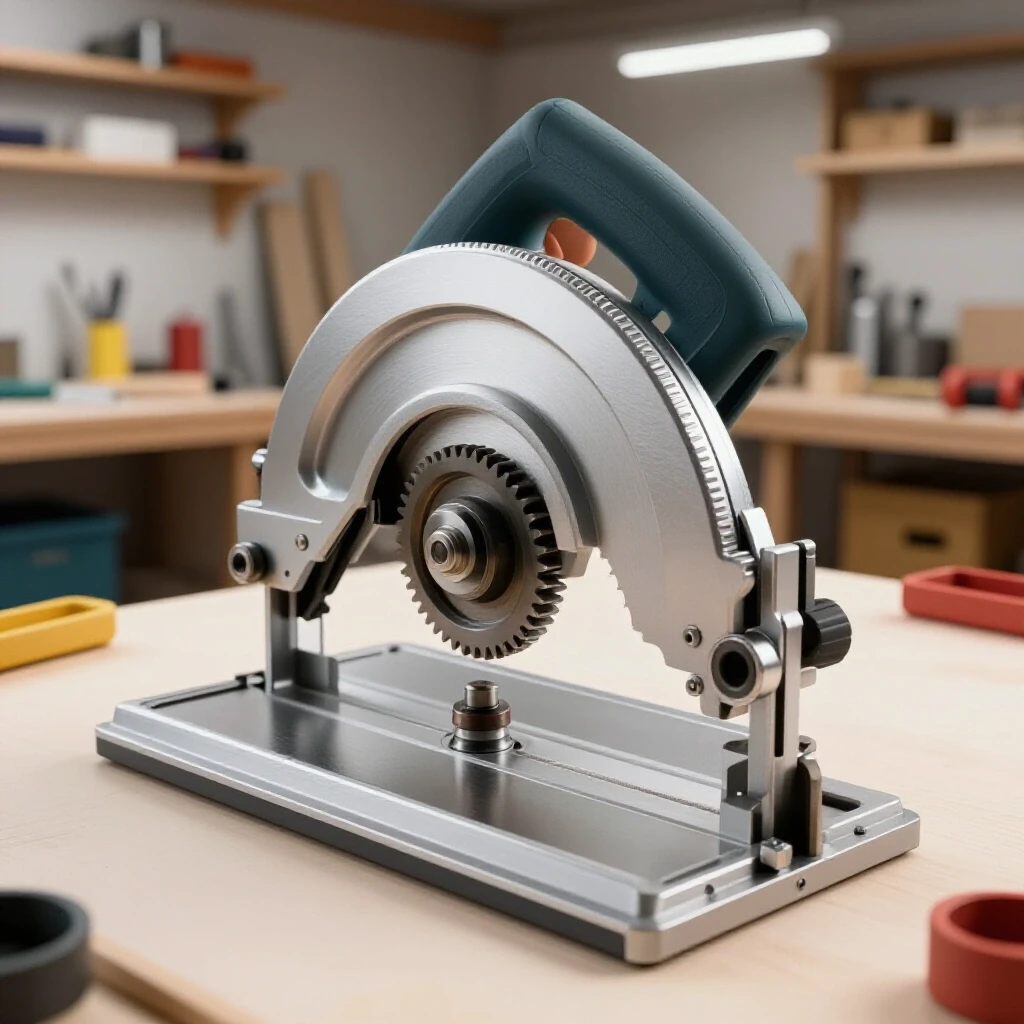Close-up of a metal chop saw with its guard open, showcasing gears and guides in a bright workshop setting.