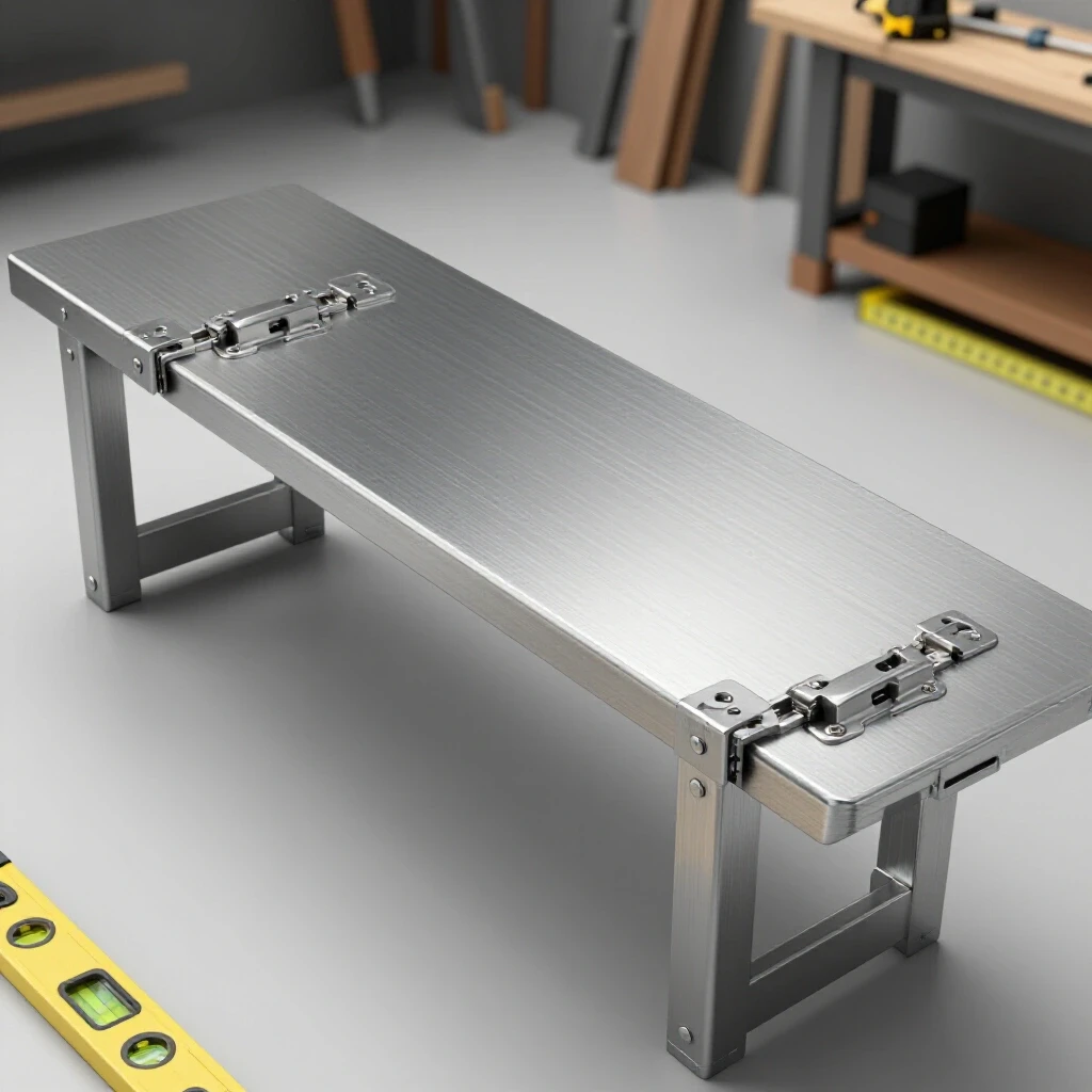 Close-up of a steel bench with heavy hinges in a bright workshop, featuring tools for alignment.