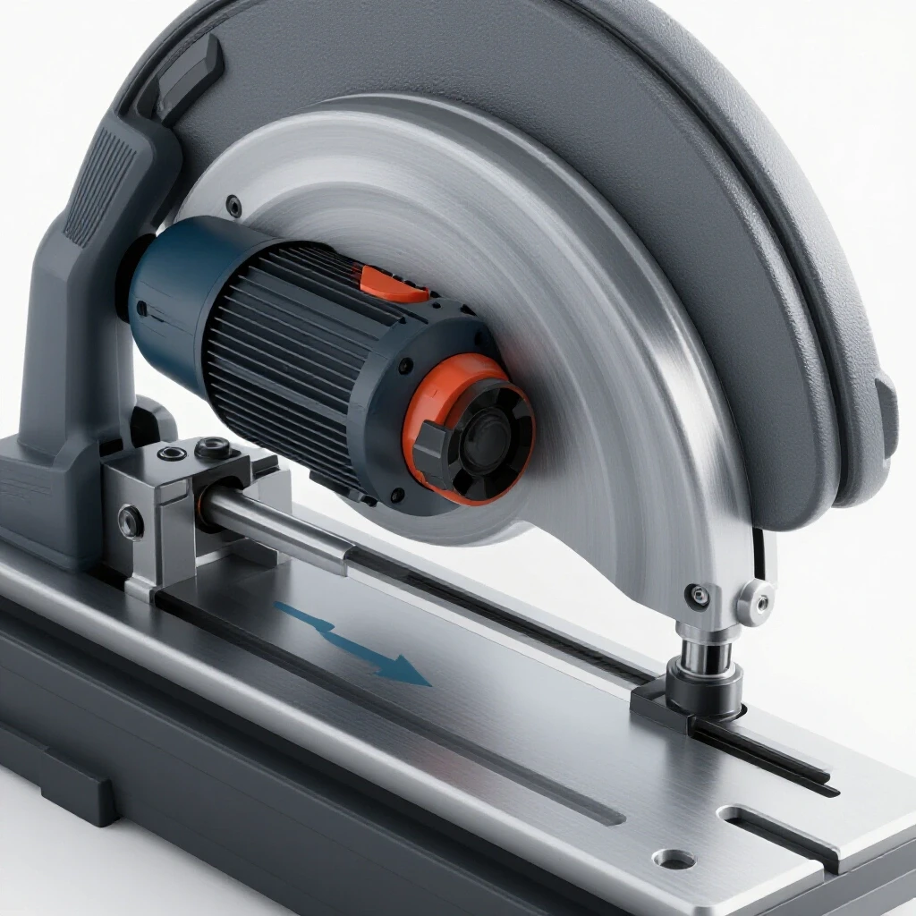 Close-up of a metal bandsaw focusing on its motor assembly, showcasing vibrant colors and precision alignment.