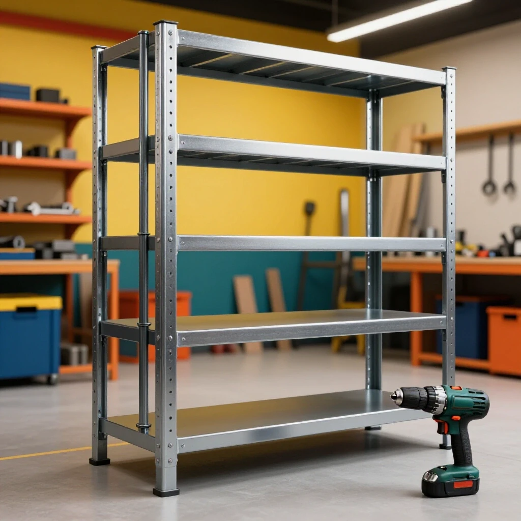 A dynamic composition of a partially assembled heavy-duty steel shelving unit with tools in a bright workshop setting.