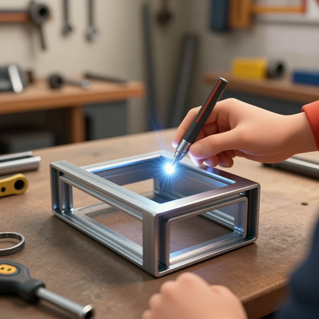 Close-up of hands aligning and welding a square tube frame with workshop tools blurred in the background.