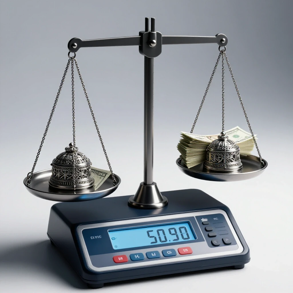 A precision scale balancing a shiny metalwork piece and crumpled dollar bills, emphasizing quality vs. cost.