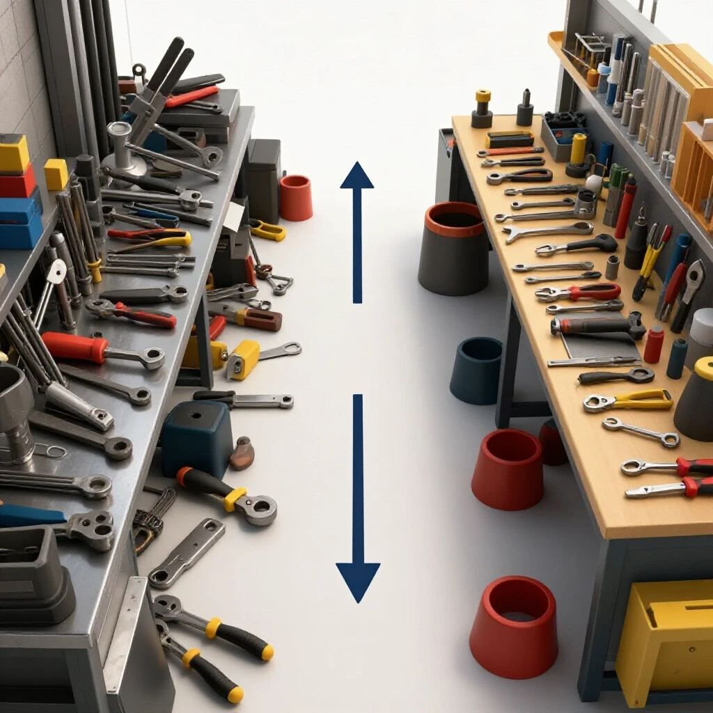 Image showing a contrasting layout of a chaotic metalworking workspace and a well-organized tool area, emphasizing layout importance.