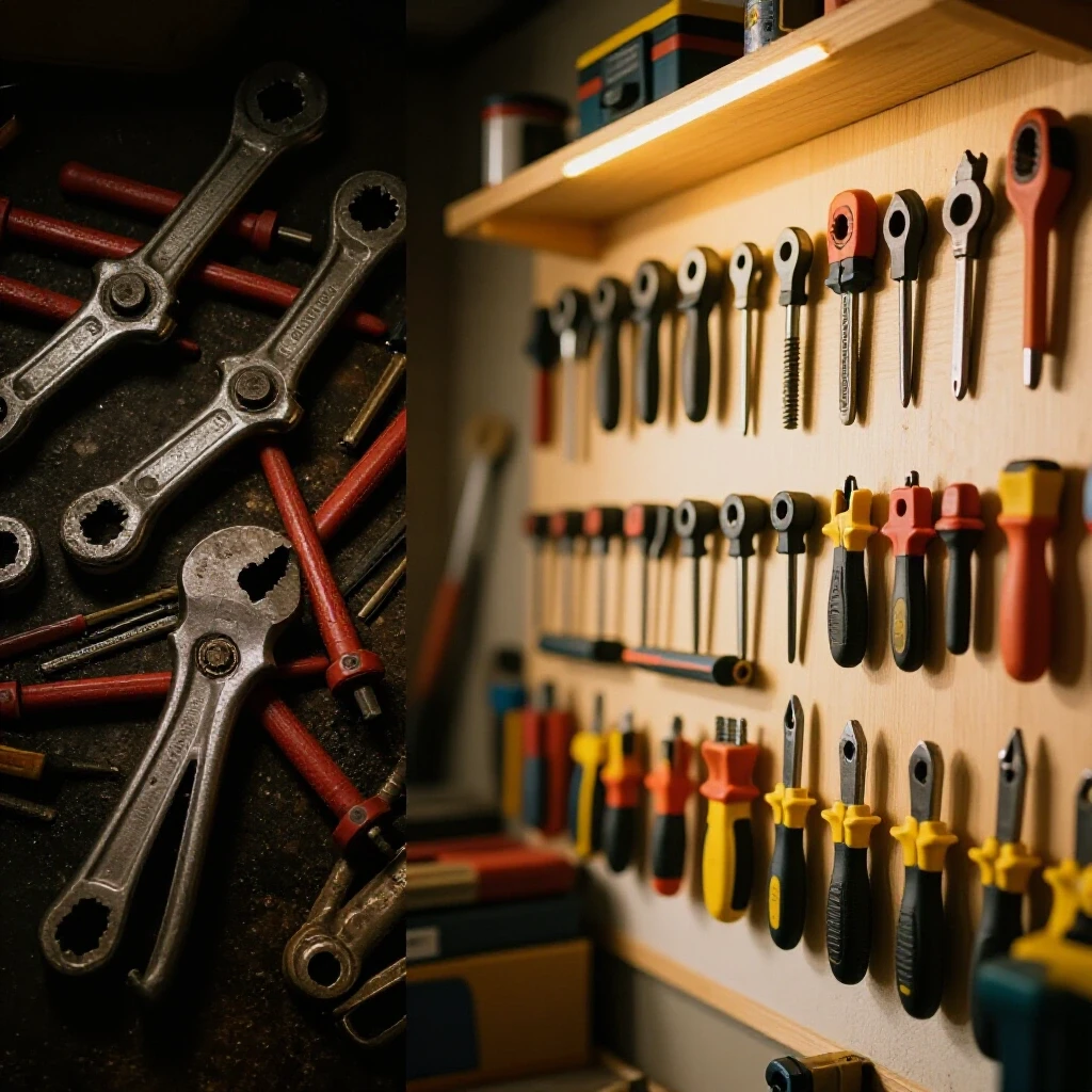 A split image of a cluttered workshop with duplicate tools on one side and an organized tool wall on the other, showcasing efficient tool management.