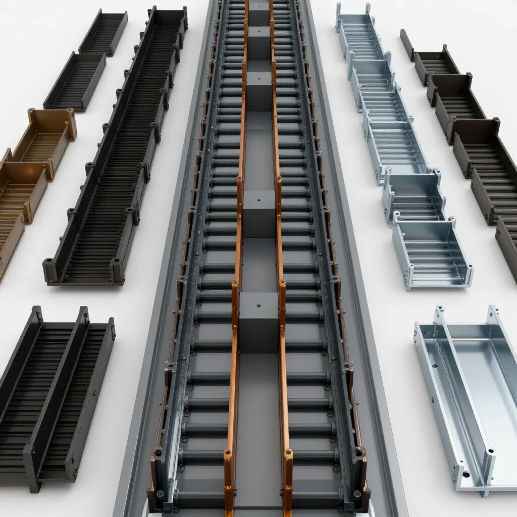 3D-rendered image of an assembly line displaying identical steel brackets in various fabrication stages on a bright background.