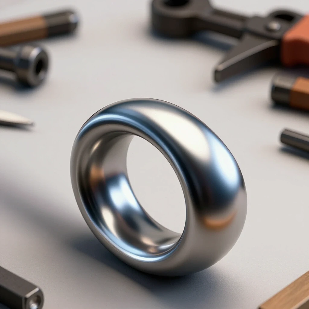 Close-up of a shiny metal tube being bent around a rounded form, surrounded by workshop tools, showcasing bending precision.
