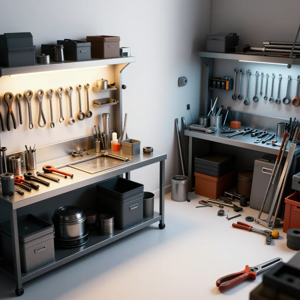 A contrast between an organized metal shop with shiny tools and a cluttered workspace demonstrating poor budgeting.
