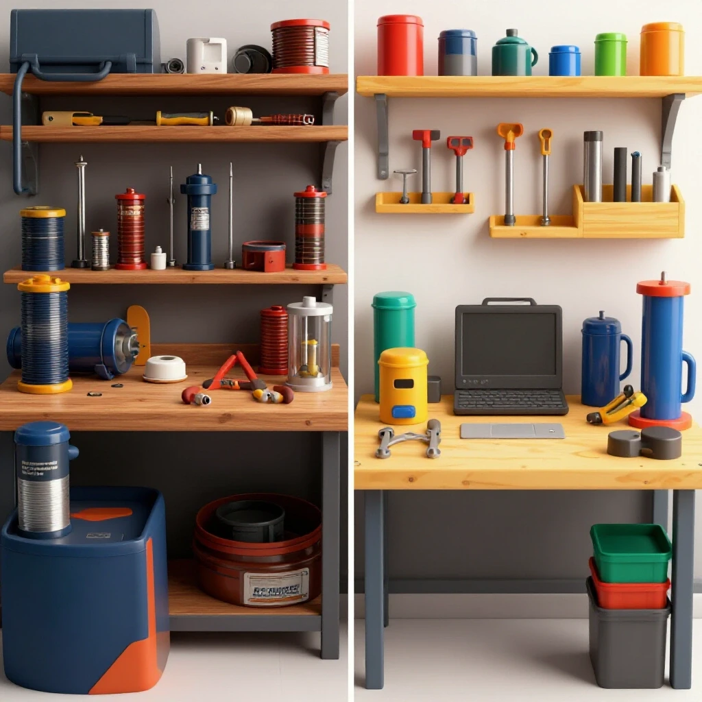 A split image showing a cluttered workbench with expensive welding consumables and an organized workspace with DIY solutions, highlighting budgeting tips.