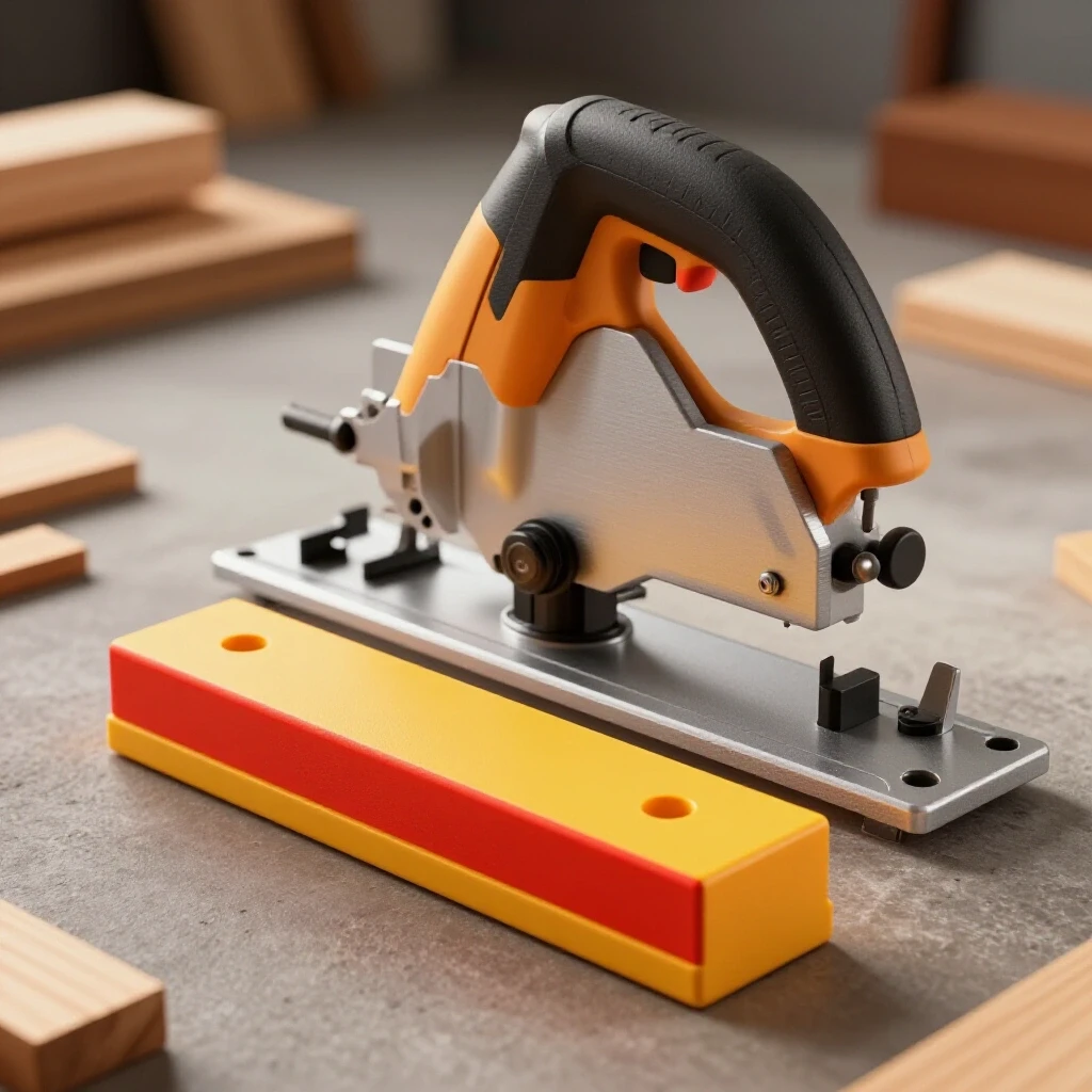 Close-up of a precision chop saw with a colorful stop block, surrounded by blurred wood pieces.