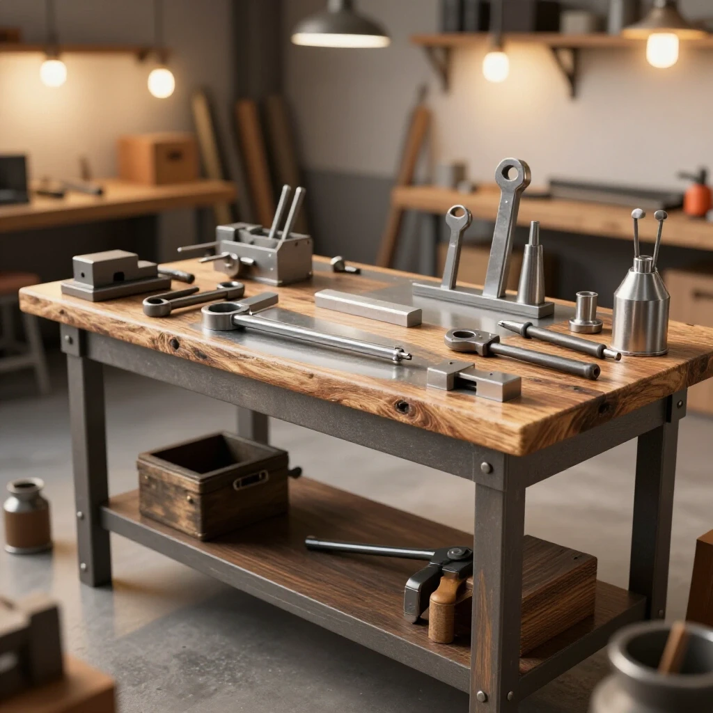 A bright and organized metal workshop showcasing high-quality tools alongside budget-friendly DIY solutions.
