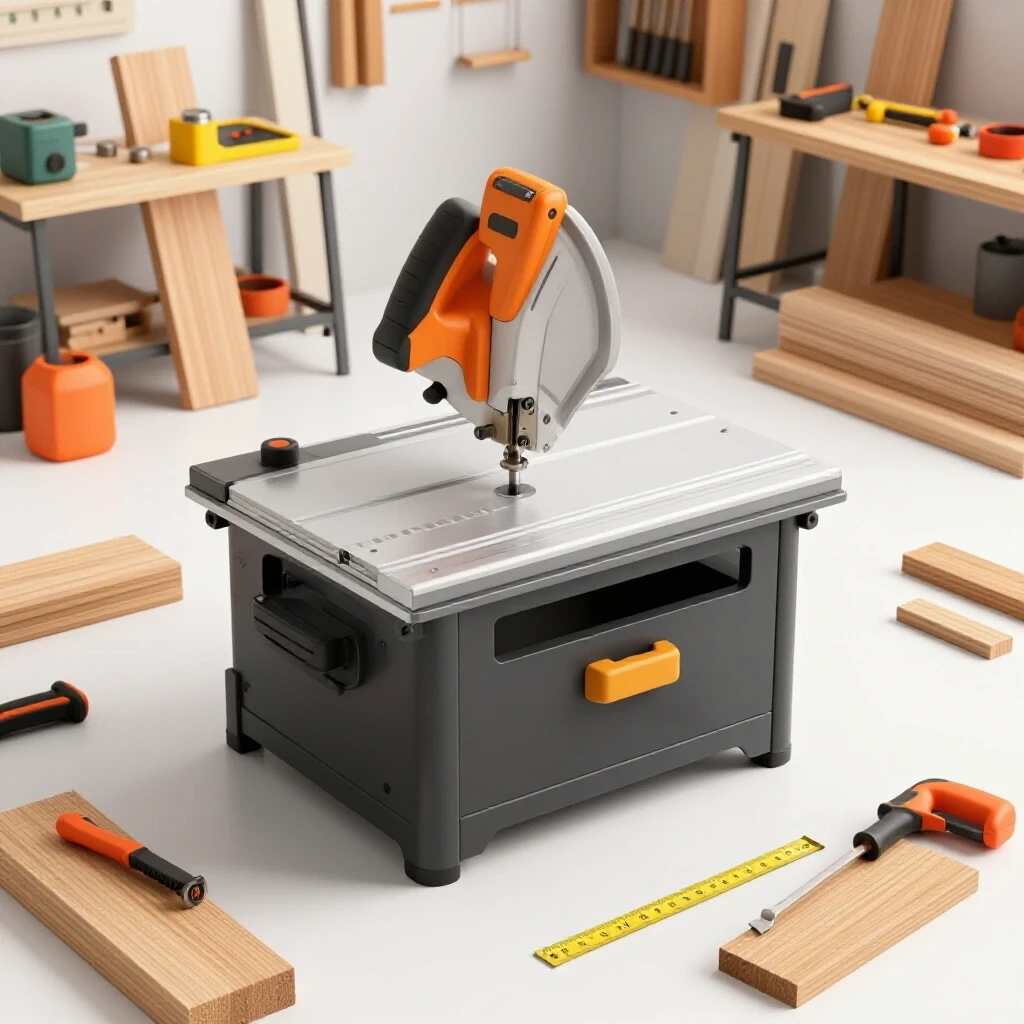 A vibrant and organized chop saw cutting station with tools and materials in a bright workshop setting.