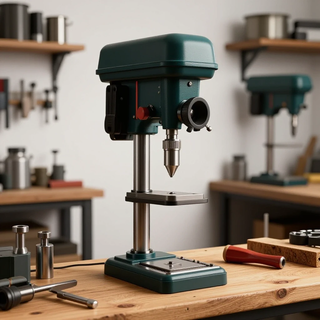 A polished drill press stand in a well-organized workshop, showcasing precision tools and a bright background.