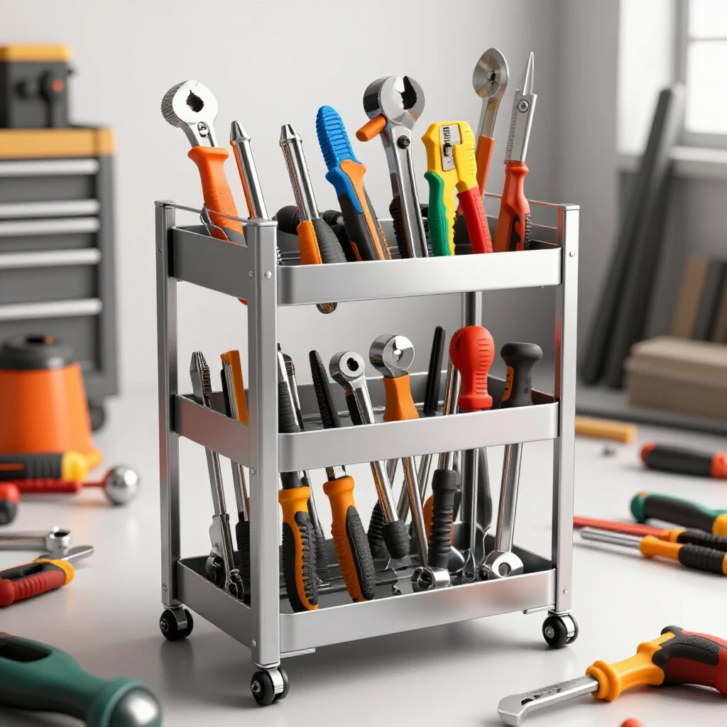 A stylish metal tool rack filled with shiny tools, set against a chaotic background of scattered tools, showcasing organization.