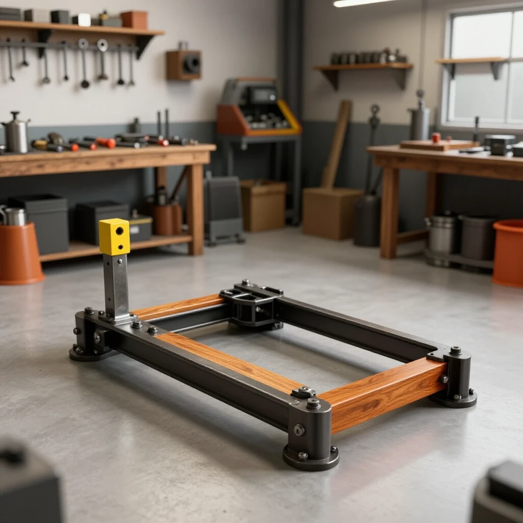 Partially assembled steel engine hoist frame in a well-lit workshop with tools surrounding it.
