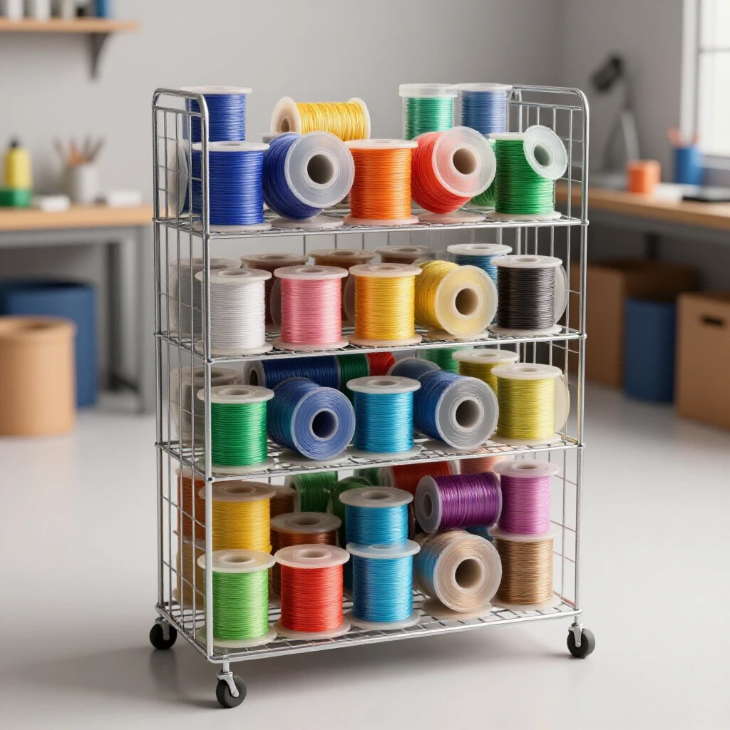 Organized wire rack filled with colorful spools of wire against a blurred workshop backdrop, highlighting order and functionality.