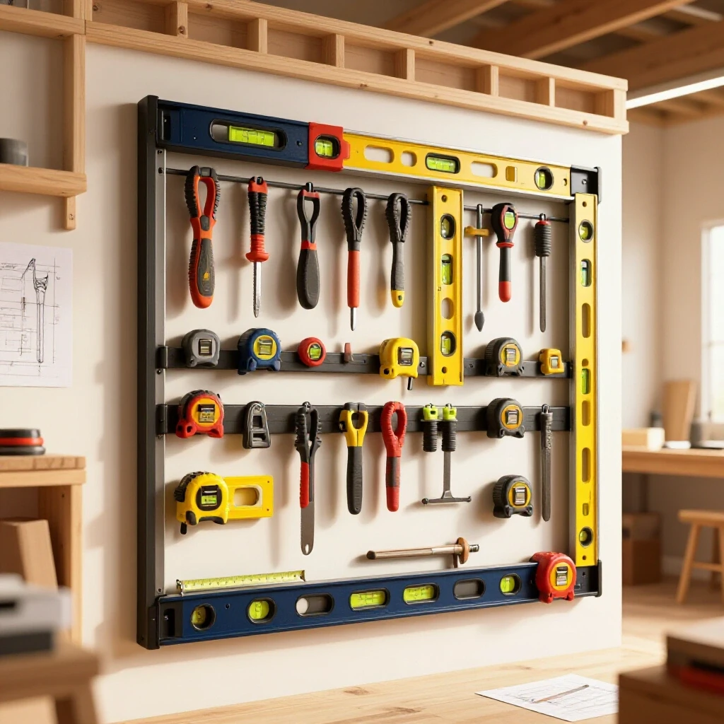 A visually striking wall rack filled with layout tools, surrounded by sketches, in a well-lit workshop.
