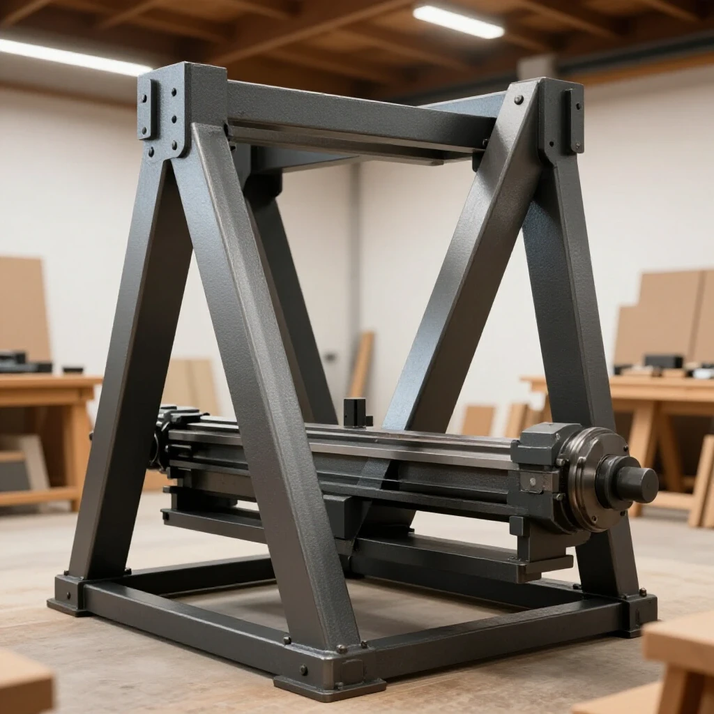 A steel lathe stand under construction, showcasing industrial strength and detailed craftsmanship in a bright workshop setting.