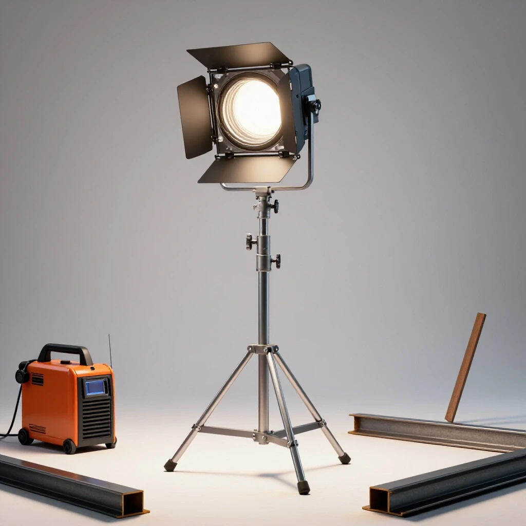 A close-up view of a steel work light stand under construction, surrounded by tools and steel beams, emphasizing craftsmanship.