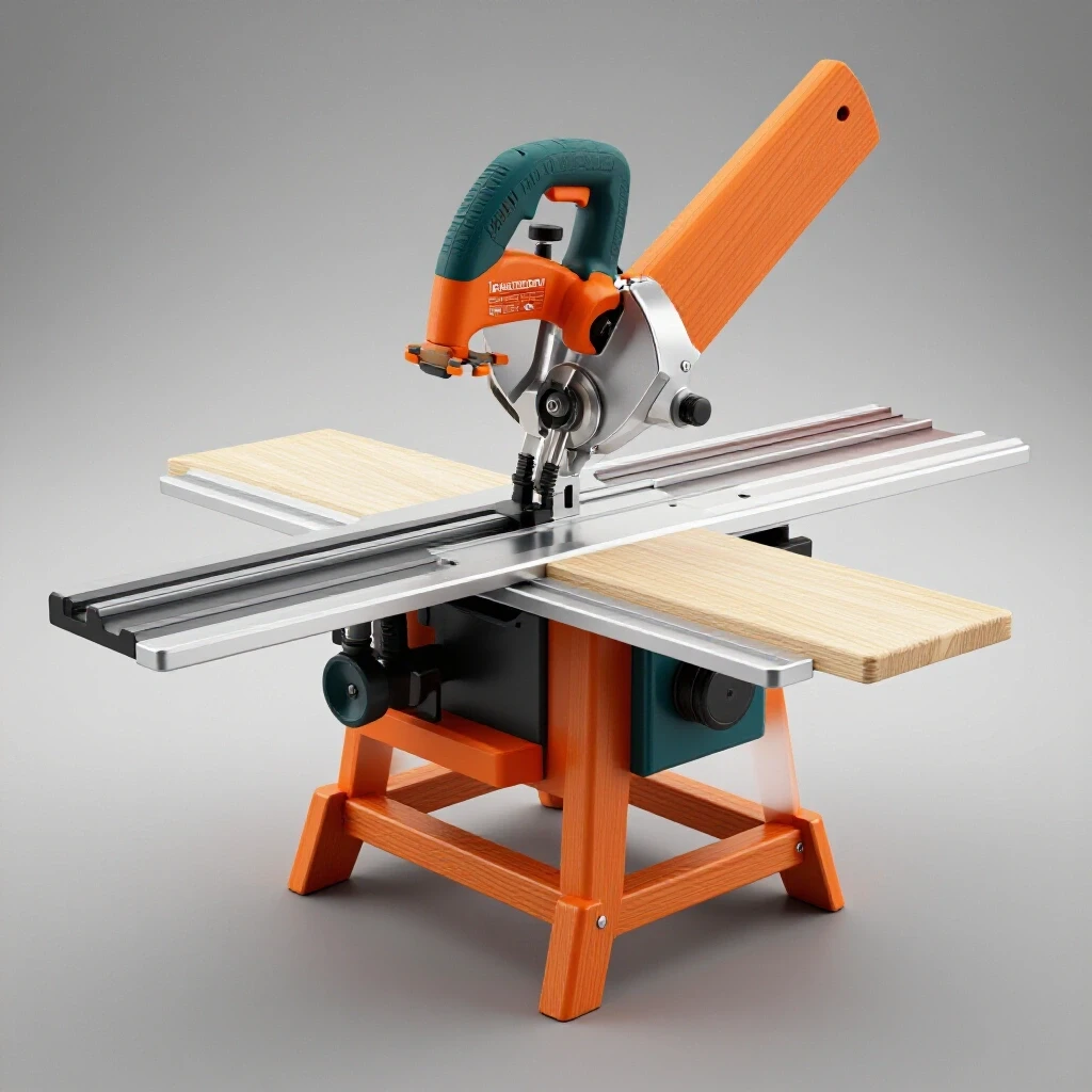 A colorful 3D-rendered image of a miter saw stand with extending wings, showcasing its design and functionality.