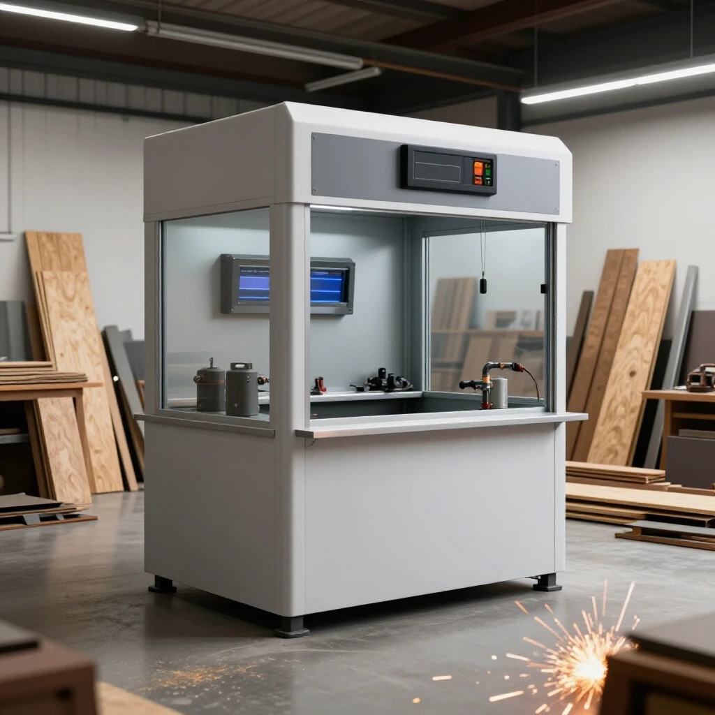 A modern welding booth set against a backdrop of plywood and metal scraps, with sparks flying in a vibrant workshop environment.