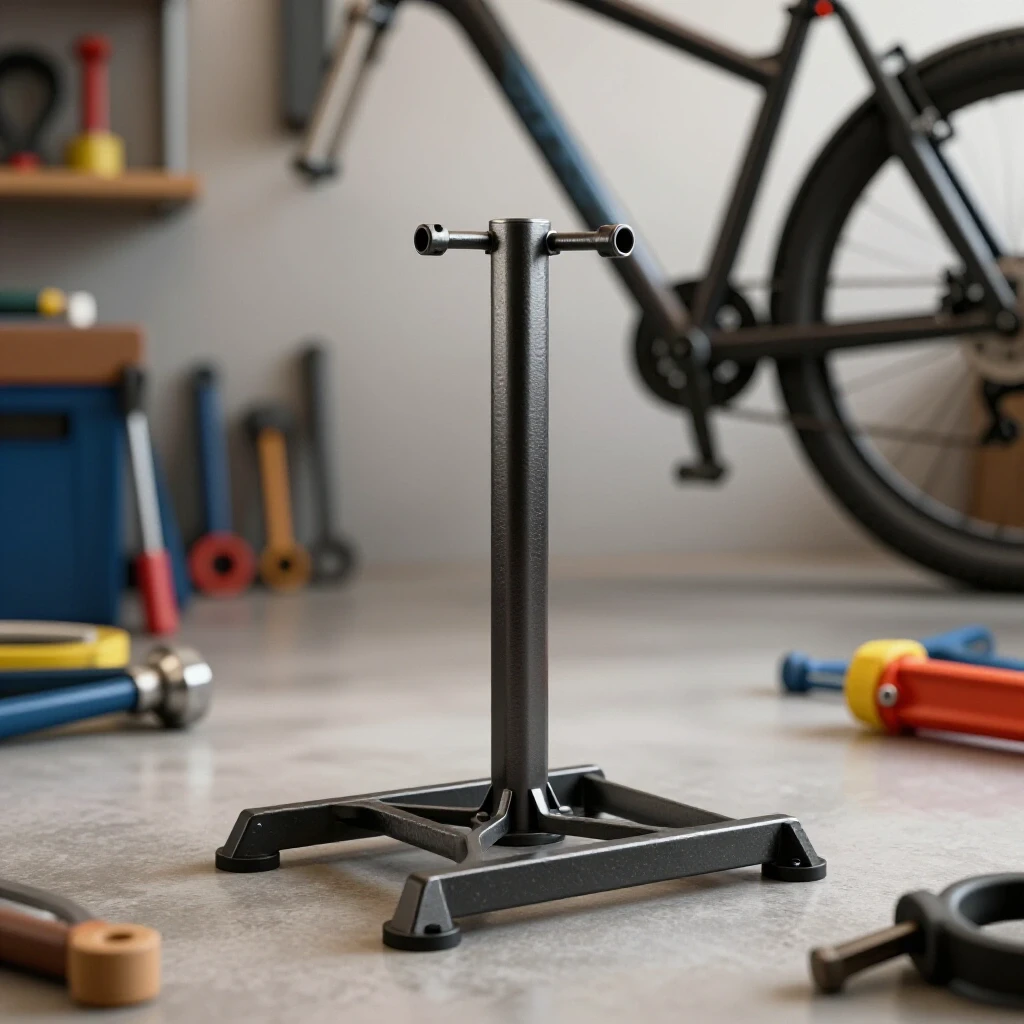 A bright, polished steel bike repair stand centered among blurred workshop tools and a bike needing repair, showcasing DIY craftsmanship.