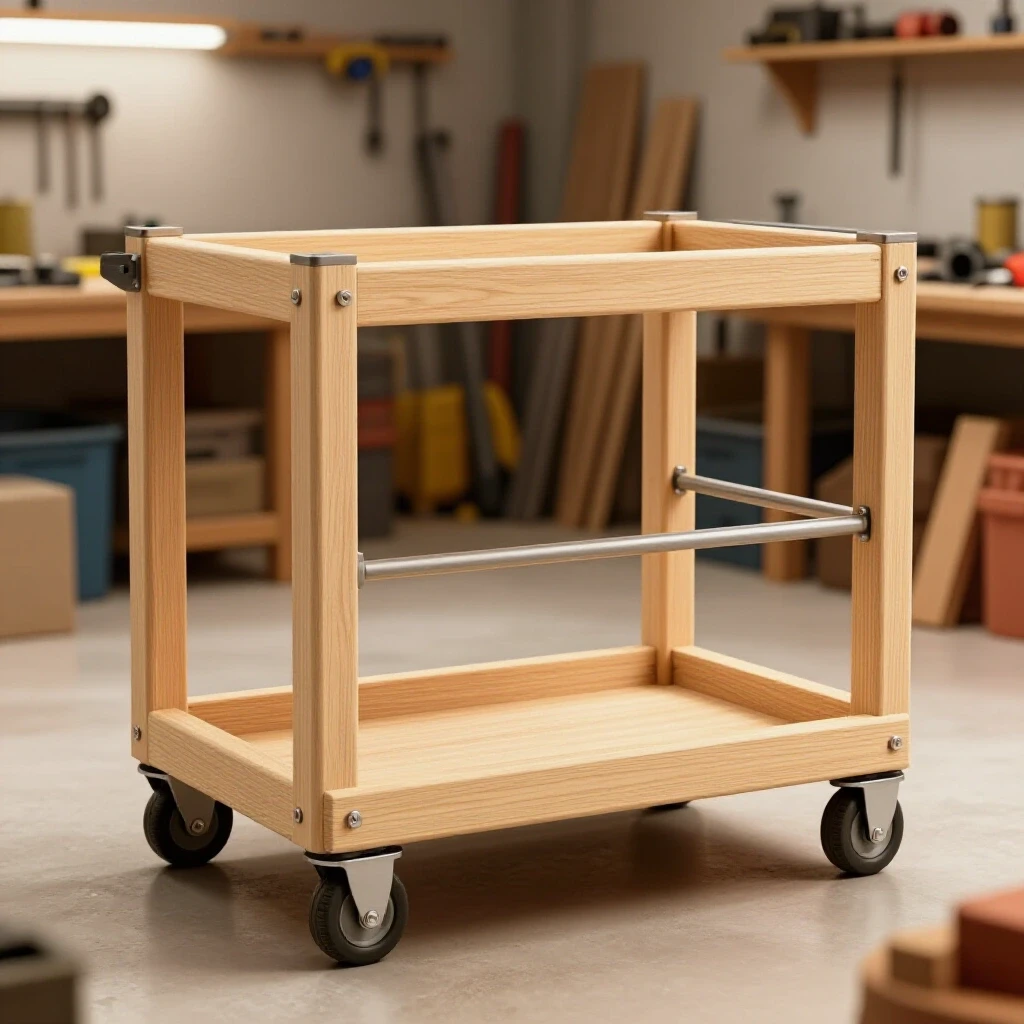 A partially assembled sturdy tool cart frame showcasing wood and metal parts, highlighting functionality and craft in a workshop setting.