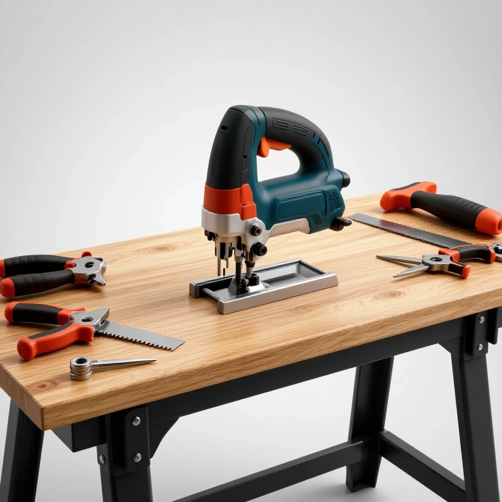A bright, highly detailed scene of a sturdy workbench with a jigsaw securely mounted and organized tools around it, symbolizing craftsmanship.