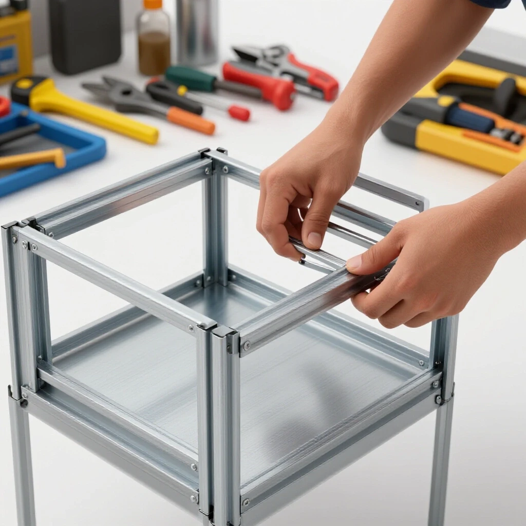 Hands assembling a steel frame surrounded by organized workshop tools, highlighting a DIY fabrication process.