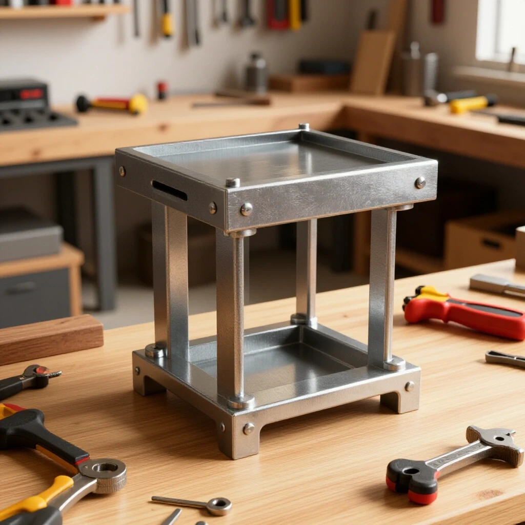 A rugged steel stand surrounded by active benchtop tools, highlighting craftsmanship in a bright workshop setting.
