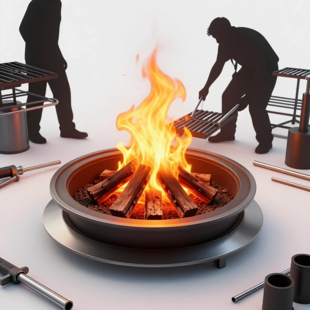 A glowing fire pit surrounded by a welding torch and metal rods, showcasing DIY fire pit cooking grate assembly.
