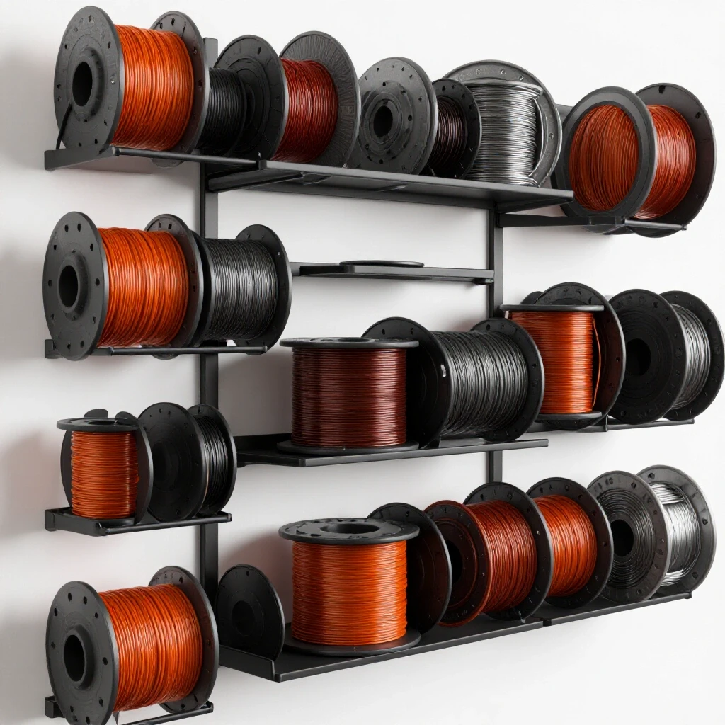 A bright and organized wall rack for welding wire spools, showcasing deep orange and steel gray colors against a clean background.