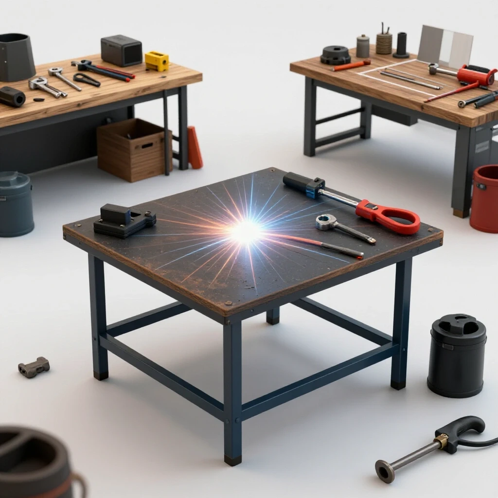 A comparative view of a welding table construction: chaotic workspace on one side and organized setup on the other side.