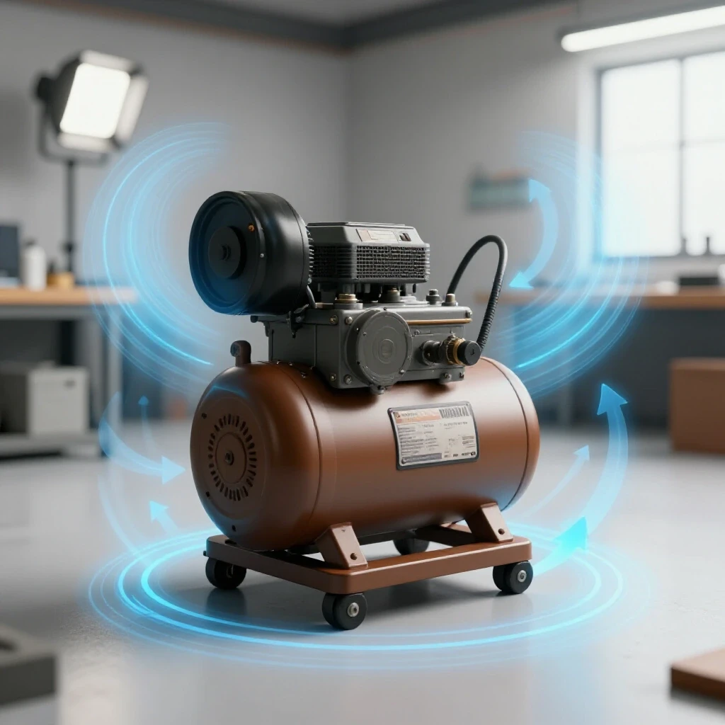A vibrant workshop showcasing a sturdy compressor stand with dynamic airflow effects around it, emphasizing ventilation.