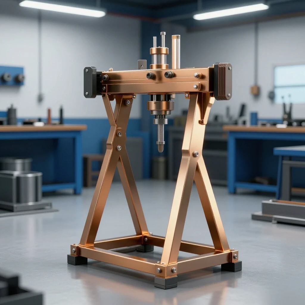 Sleek and modern welding positioner stand in a bright workshop with tools and metalwork in the background.