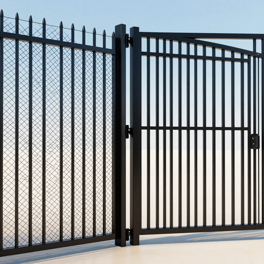 Contrasting image of a sagging steel fence gate and a perfectly aligned anti-sag gate illustrating structural integrity.