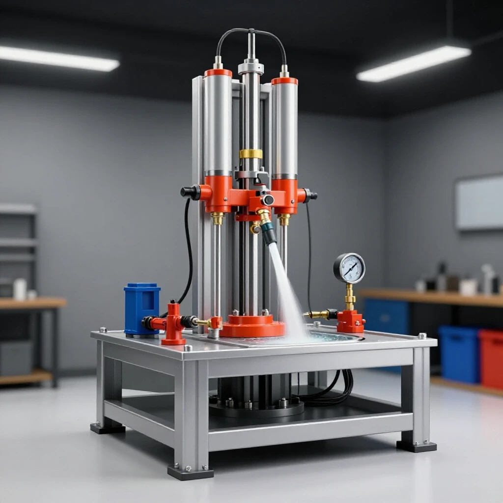 A hydraulic pressure testing rig in a well-lit workshop, showcasing metallic components and strong textures in action.