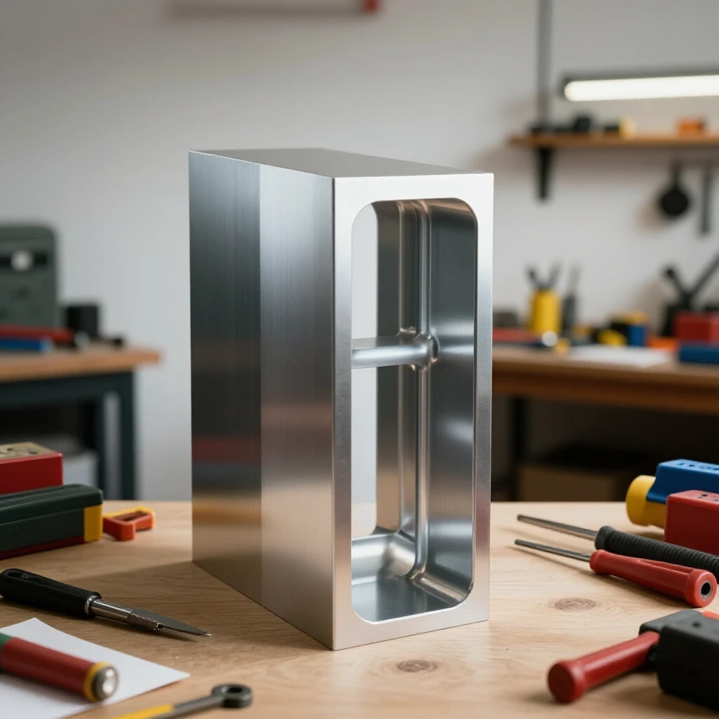A polished sheet metal prototype next to a cluttered workshop, illustrating the transformation from raw to refined fabrication.