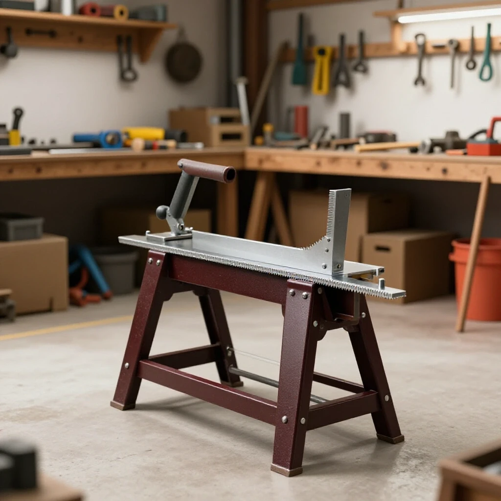 A partially assembled steel sawhorse set against a cluttered workshop background filled with tools, showcasing crafting durability.