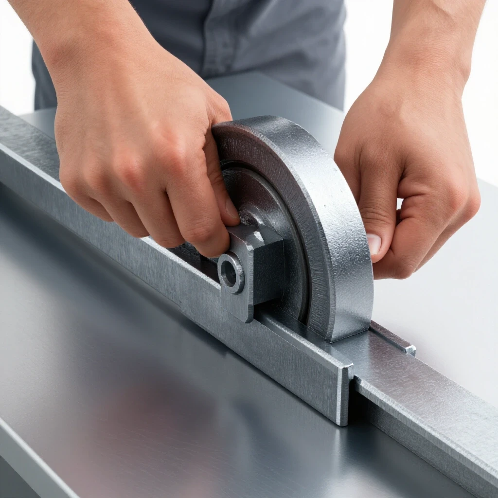 Close-up of hands bending thick sheet metal on a heavy-duty folding brake, emphasizing craftsmanship and precision.