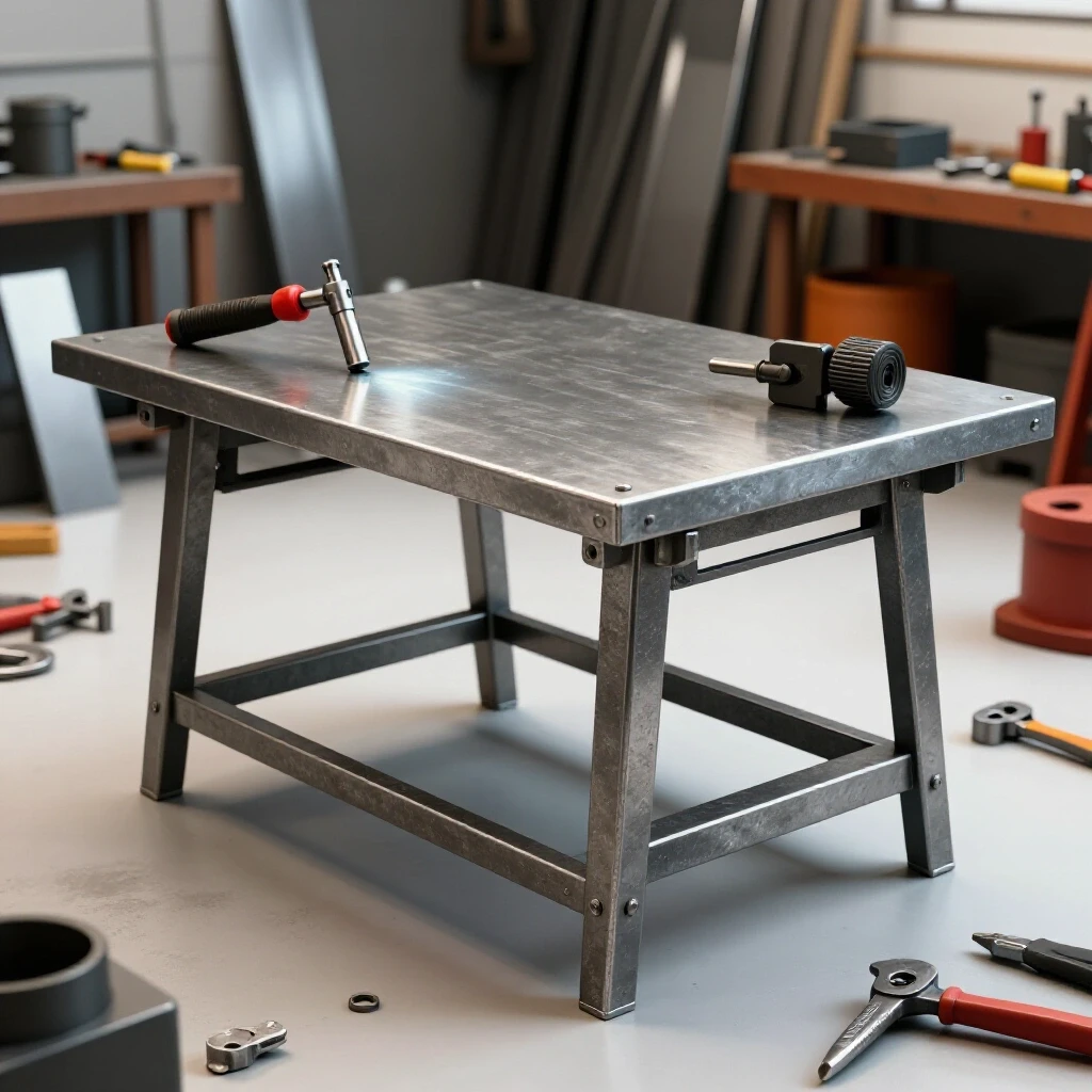 A heavy steel workbench surrounded by fabrication tools and metal scraps in a bright workshop setting.