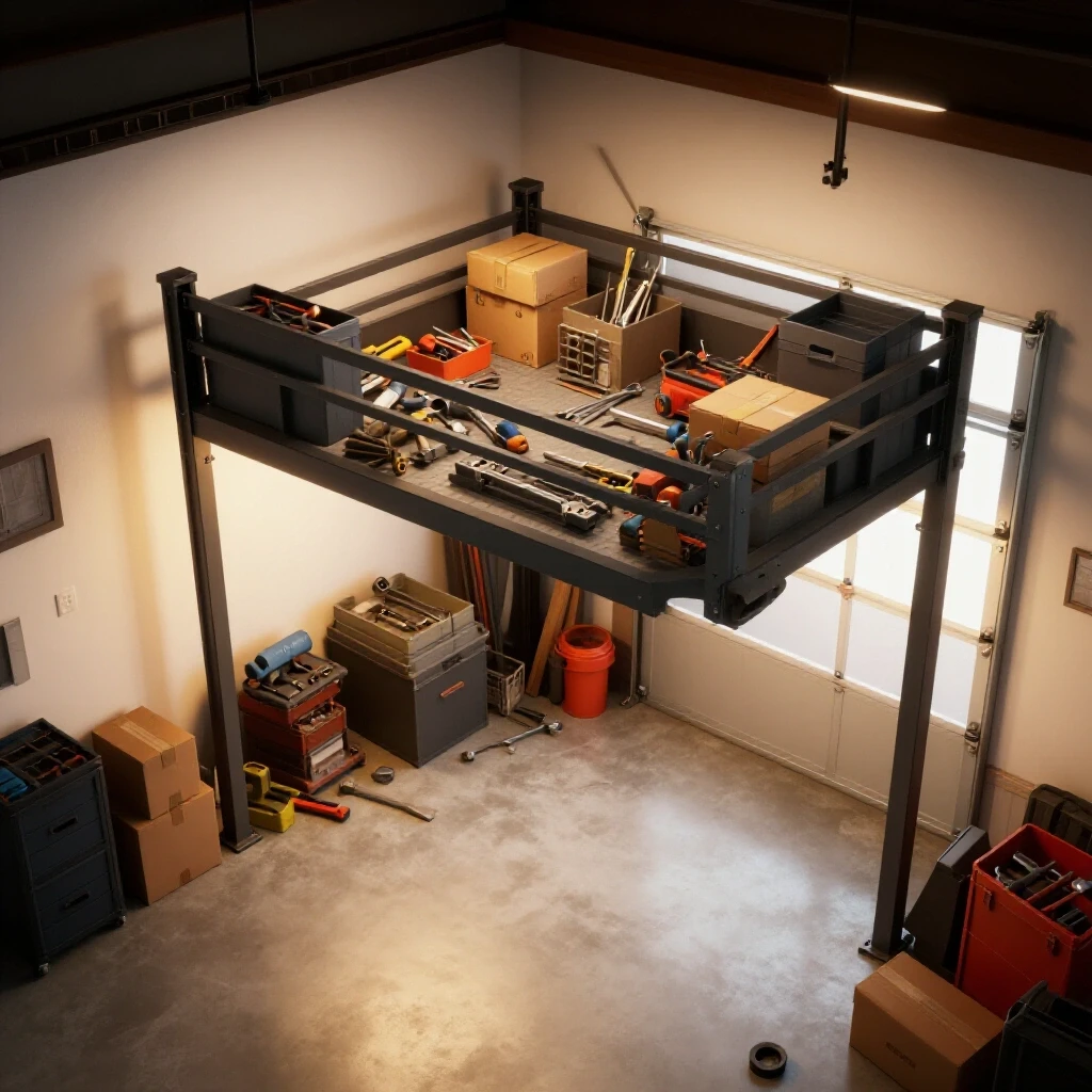 Overhead view of a spacious garage showcasing a well-organized suspended storage loft filled with tools and boxes.