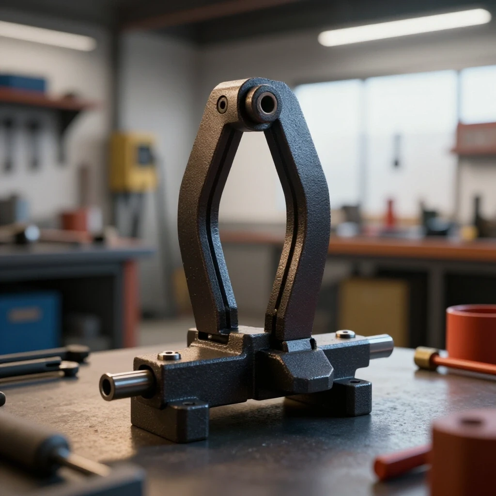 Close-up of a sturdy welding fixture set against a blurred workshop background, highlighting its rigidity and vibrant colors.