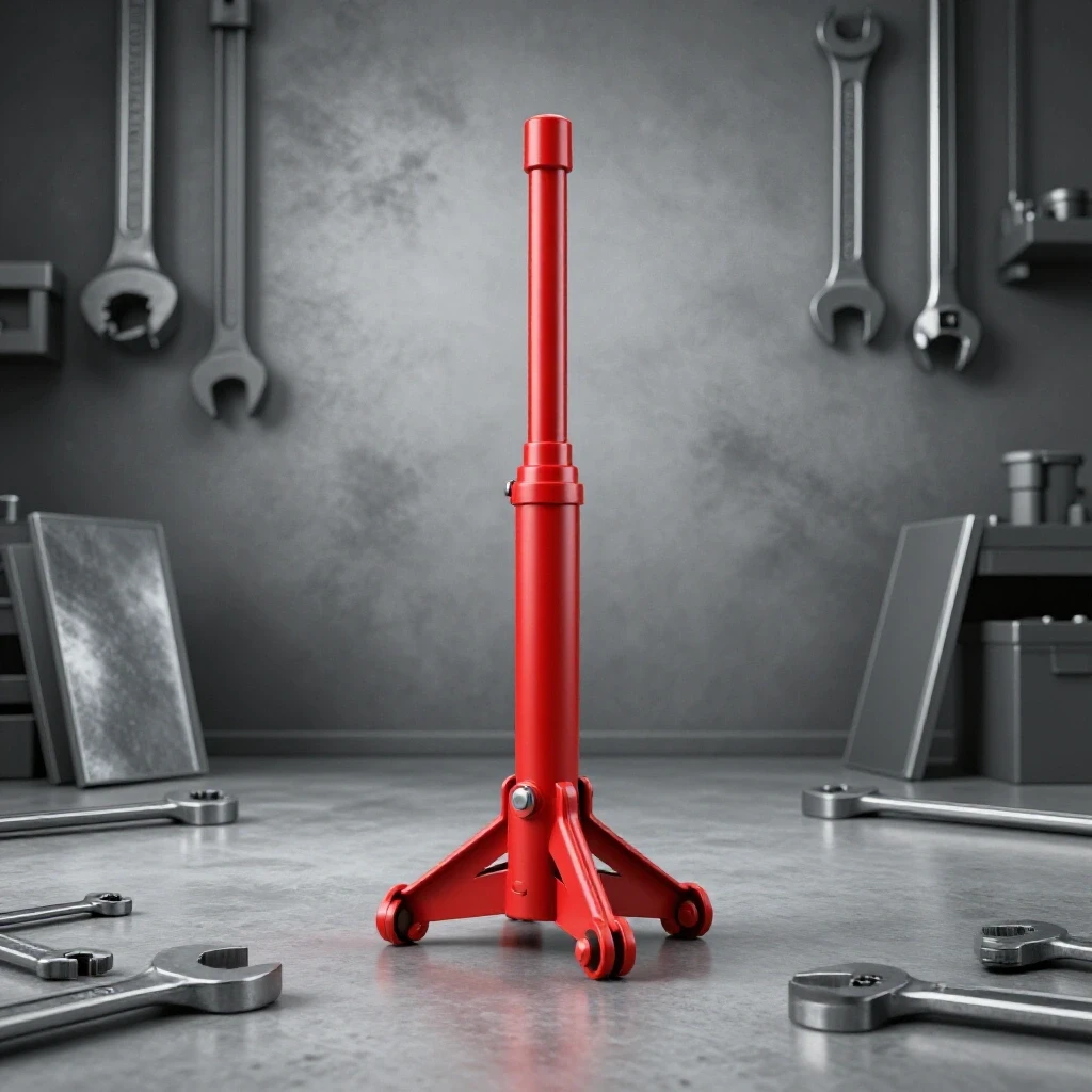 A dynamic composition featuring a red hydraulic bottle jack surrounded by workshop tools in a bright workshop setting.