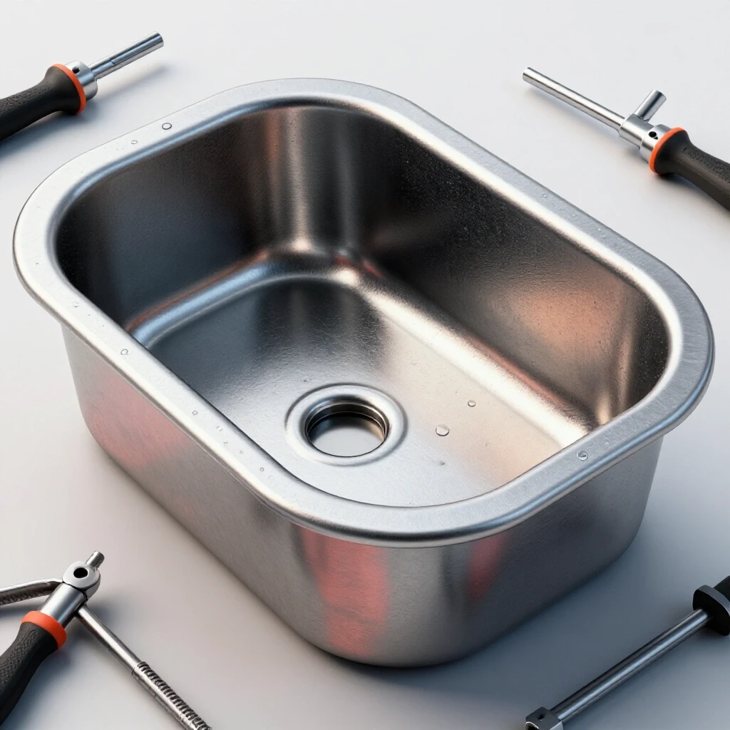 Half-finished welded parts washer basin with water droplets, surrounded by tools like a welding torch and clamps.