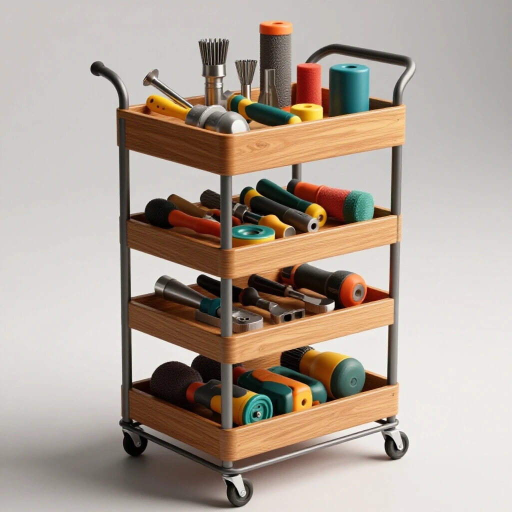 A multi-tiered supply cart loaded with vibrant grinding and sanding tools in a well-lit workshop setting.