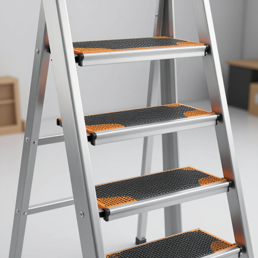 A robust mobile steel ladder with a metallic finish and rubber grips, centered in a bright workshop setting.