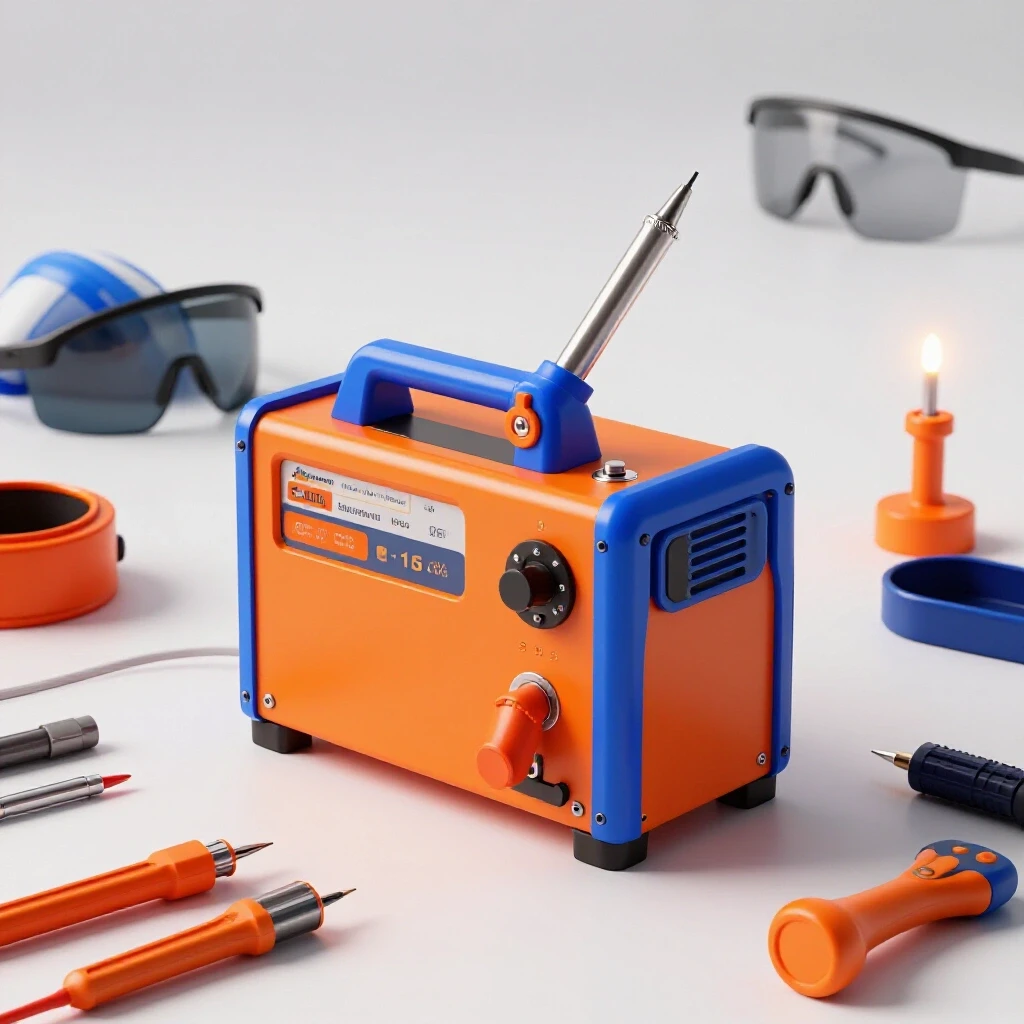 A bright and organized mobile soldering station showcasing tools and safety gear, with dynamic angles highlighting its features.