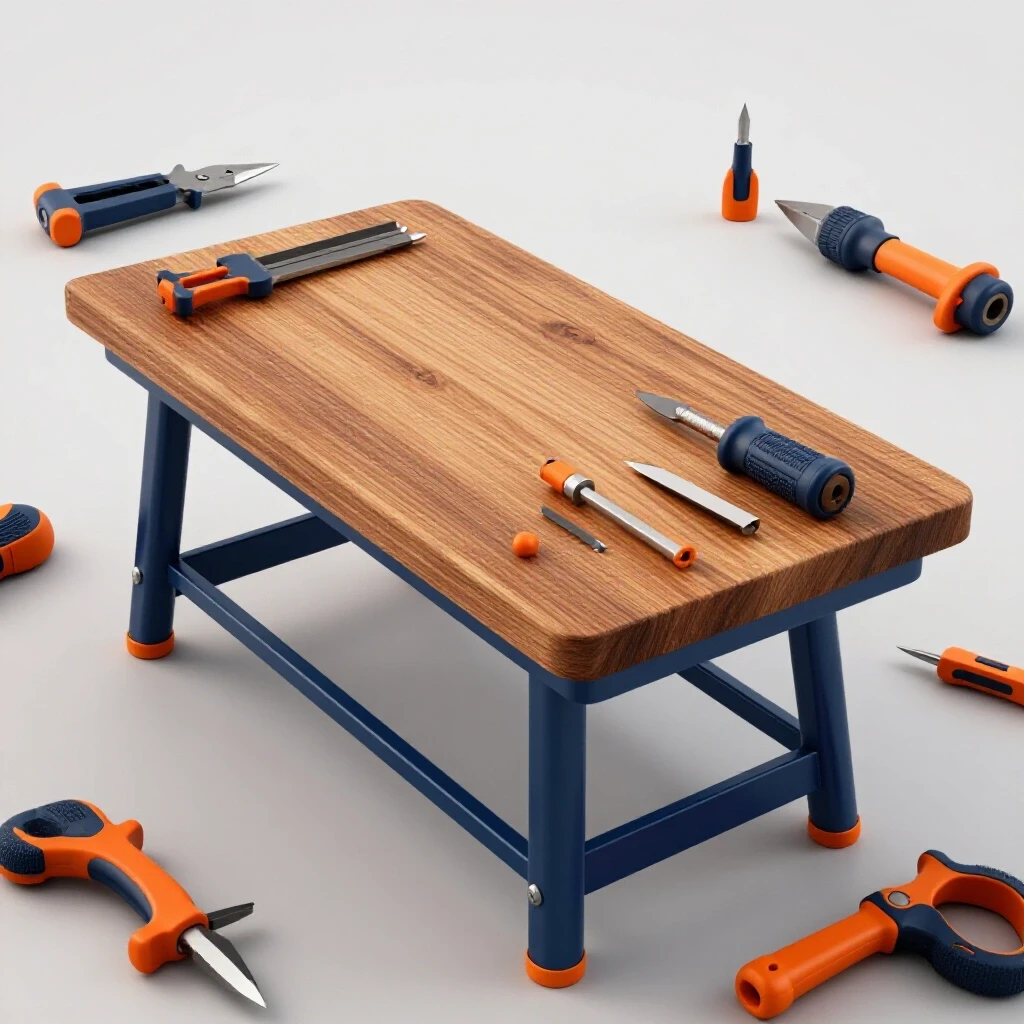 A rugged mount table surrounded by sharp tools and sharpening equipment, showcasing vibrant colors and professional craftsmanship.