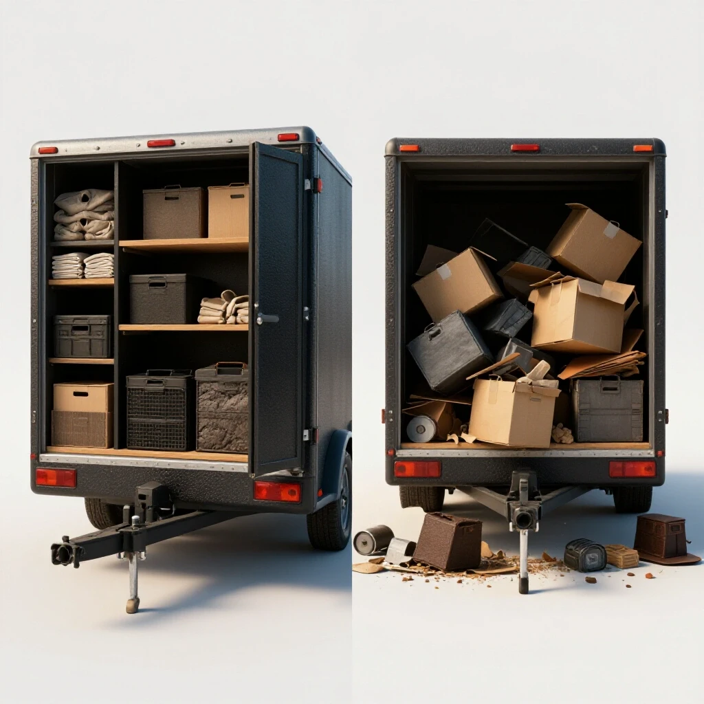 Split-screen image featuring a trailer with organized cargo on one side and chaotic load on the other, highlighting the benefits of organization.