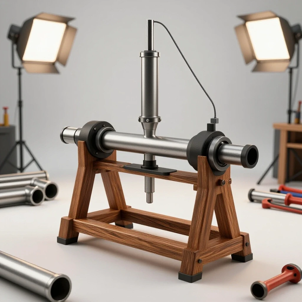 A hydraulic pipe bender in action on a professional stand, surrounded by tools and metal pipes in a well-lit workshop setting.
